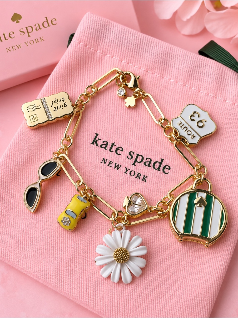 kate spade Pink, White & Green Enamel Charm Bracelet with Gold Hardware